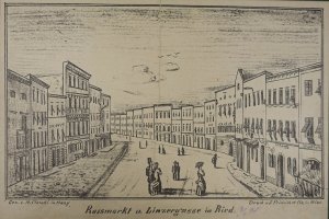 gebrauchtes Buch – Ried im Innkreis – Rossmarkt u. Linzergasse in Ried. 4/1 90 (hs. erg.). Lithographie n. H. Claudi aus "Unser Oberösterreich" Ried, J. Fridrich (Preßvereinsdruckerei) 1890-92,  16,5 x 27 cm