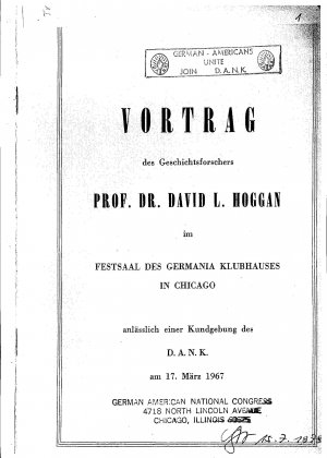 Vortrag des Geschichtsforschers Prof.Dr.Hoggan im Germania Klubhaus in Chicago 1967