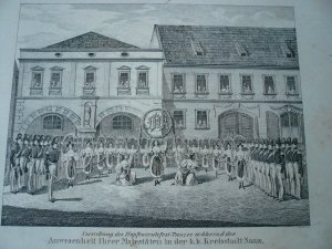 Zatec-Saaz, anno 1836, lithograph Edited by Glaser Rudolph (1801-1868) in: Denkbuch über die Anwesenheit Ihrer K.K. Majestäten Franz des Ersten und Caroline […]