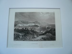 Barcelona, anno 1850, steelengraving, Bibliographisches Institut, ORIGINAL, mounted behind passepartout, size: 24x30 aned 14x20 cm..