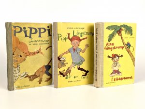 antiquarisches Buch – Astrid Lindgren – PIPPI LANGSTRUMPF / PIPPI LONGSTOCKING - DIE SCHWEDISCHEN ERSTAUSGABEN IN EINEM SEHR ERFREULICHEN UND SAMMELWÜRDIGEN ZUSTAND / THE SWEDISH FIRST EDITIONS IN A VERY PLEASANT AND COLLECTABLE CONDITION - RAR / RARE !!! - Pippi Långstrump (1945) - Pippi Långstrump går ombord (1946) - Pippi Långstrump i Söderhavet (1948) - [Deutsche Titel: Pippi Langstrumpf, Pippi Langstrumpf geht an Bord, Pippi in Taka-Tuka-Land; English titles: Pippi Longstocking, Pippi Goes on Board, Pippi in the South Seas]