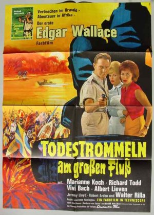 gebrauchtes Buch – Original Filmplakat "Todestrommel am großen Fluß". Edgar Wallace. Mit Marianne Koch, Richard Todd, Vivi Bach, u.a...  Constantin-Film, Format ca. 59 x 84 cm, Größe DIN A 1, farbig, gefaltet, sehr guter Zustand. Hersteller Fotopress Heidelberg, um 1965. # Filmplakat # Kinoplakat # Constantin-Film # Kino # Film (intern 0320276)