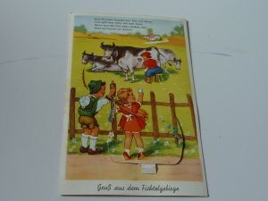 Leporello, Ak, Ansichtskarte, Fichtelgebirge, Kinder, Frau melkt Kuh, gel. 1958, Nachgebühr