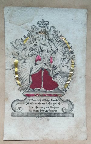 Mein Herz ist sehr betrübt, Weils meinen Sohn geliebt. bis ich nach 15 Jahrn Zu ihme bin gefahrn. Mater Dolorosa als Spickelbild