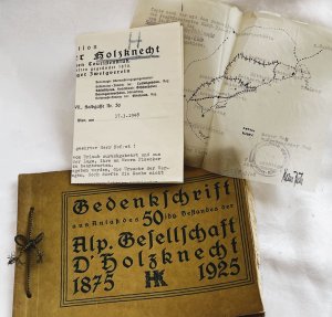 Gedenkschrft aus Anlaß des 50jhg., Bestandes der Alp. Gesellschaft D'Holzknecht 1875-1925. + Brief+Skizze