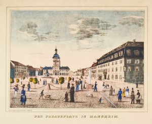 "Der Paradeplatz in Mannheim". Ansicht mit reicher Figurenstaffage.