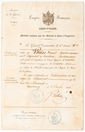 Urkunde zur Verleihung der Krim-Medaille von 1856]. -