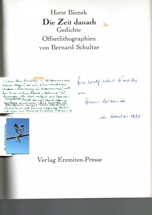 Die Zeit danach. Gedichte. Offsetlithographien von Bernard Schultze. [signed, signiert, Widmung an Wolf Jobst Siedler]. Die für die Graphiken (4s/w; 4 […]