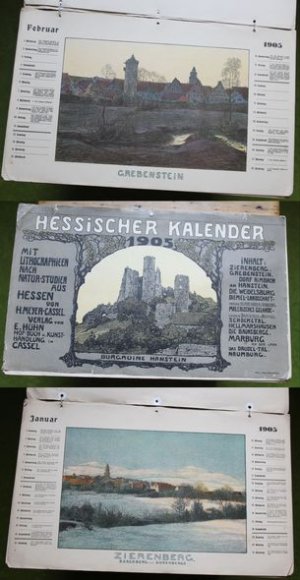 Hessischer Kalender 1905 Mit Lithographieen nach Natur-Studien aus Hessen von K. Meyer-Cassel. Inhalt : Zierenberg. Grebenstein. Dorf Rimbach am Hanstein […]