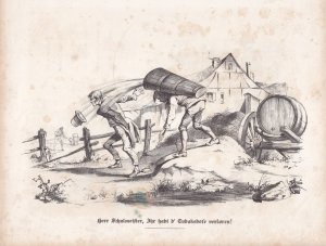 gebrauchtes Buch – Herr Schulmeister, Ihr habt d´Tubaksdose verloren!, Lehrer, Lithographie um 1840 mit humoristischer Szene, Blattgröße: 20,5 x 27 cm, reine Bildgröße: 15 x 24 cm.