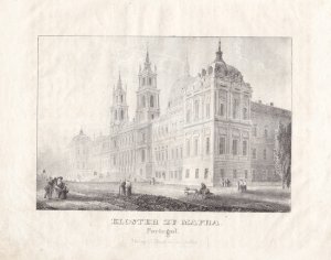 gebrauchtes Buch – Kloster zu Mafra Portugal, Palácio Nacional, Lithographie um 1830, Blattgröße: 19,8 x 23,5 cm, reine Bildgröße: 14 x 17 cm.