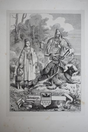 gebrauchtes Buch – Siebenbürgen, Volkstrachten, großformatiger Holzstich um 1850 von Pannemaker nach J.N. Geiger, Blattgröße: 39 x 28 cm, reine Bildgröße: 29,5 x 22 cm.