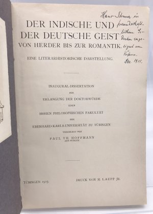 Der indische und der deutsche Geist von Herder bis zur Romantik. Eine Literaturhistorische Darstellung. [Dissertation]