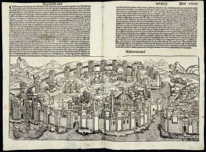 gebrauchtes Buch – Hartmann Schedel – Konstantinopel - Orginale Stadtansicht aus der Weltchronik 1493. Holzschnitt. Doppelblatt. Deutsche Ausgabe.