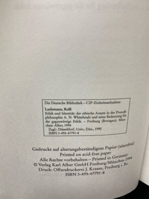 gebrauchtes Buch – Rolf Lachmann – Ethik und Identität : der ethische Ansatz in der Prozessphilosophie A. N. Whiteheads und seine Bedeutung für die gegenwärtige Ethik.