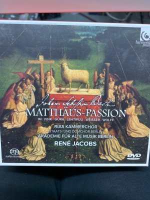 Matthäus-Passion BWV 244 It has haunted René Jacobs since childhood: first as a boy soprano in Ghent, then as a countertenor, he has constantly frequented the supreme masterpiece that is the 'St Matthew Passion'. Jacobs uses the layout of the Good Friday Vesper service from Bach's time, with choirs front and back, rather than side-by-side. He also gives us extra soloists to complete the bi-choral effect. For Bach, the two halves were 28 metres apart. At that distance, coordination difficulties begin to appear between the speed of light, and the speed of sound, and we cannot determine how Bach dealt with this problem. However the wonders of SACD multichannel surround sound can at last give an impression of what Bach intended for St Thomas Church in Leipzig. As ever, harmonia mundi's production values are such that we are given several essays on the concept of the layout in Bach's time, reflections on the new recording by René Jacobs, full texts and biographies in a 176 page booklet, wit