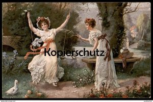 ALTE POSTKARTE ZWEI FRAUEN IM FRÜHLING DES LEBENS SCHAUKEL SPIELEN swing two women cpa AK Ansichtskarte postcard