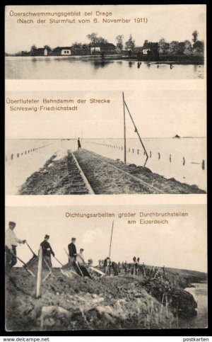 gebrauchtes Buch – ALTE POSTKARTE STURMFLUT 1911 DRAGE ÜBERFLUTETER BAHNDAMM EISENBAHN STRECKE SCHLESWIG-FRIEDRICHSTADT ARBEITER EIDER