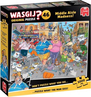 Jumbo 1110100505 - Wasgij Original 46, Middle Aisle Madness!, Parkplatz-Wahnsinn, Comic-Puzzle, 1000 Teile