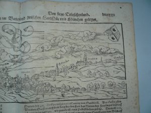 antiquarisches Buch – Münster Sebastian – Freising,anno 1570, Sebastian Münster, Ansicht      Holzschnitt aus Sebastian Münsters Cosmographia, verlegt anno 1570, Blattgrösse: 31 x 40 cm., Ansicht: 13 x 36 cm., gering gebräunt.