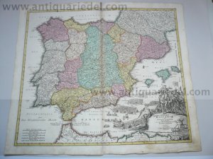 Spain/Portugal, anno 1720, Homann, Generalmap, old colours