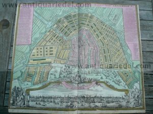 Amsterdam, anno 1727, Homann, Plan+Panorama, old colours, scarce