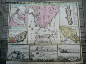 Gibraltar/Cadiz/Minorca, anno 1735, Homann Heirs, map, old colou