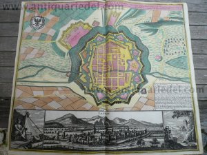 Landau, Plan+Panorama, Seutter M., anno 1730, altkoloriert