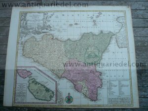 Mappa Geographica Insulae Siciliae, anno 1760, Lotter T.C., old