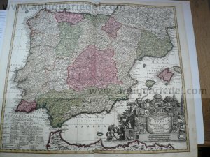 Spain, anno 1740, map Seutter, old colours