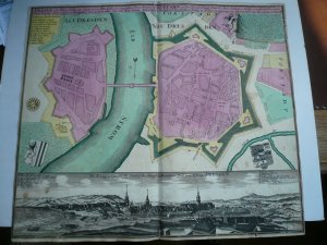 Dresden, anno 1730, Plan u nd Prospekt, Seutter Matthäus Dresden. – Dresda ad Albin Saxoniae..., Dresden an der Elbe..., Plan der Stadt, darunter Panorama […]