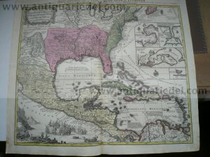 antiquarisches Buch – Seutter Matthaeus – Carribean/Florida/America, anno 1740, Seutter Matthäus "Mappa Geographica Regionem Mexicanam et Floridam. Terrasque adjacentes, ut et Anteriores Americae Insulas, Cursius itidem et Reditus Navigantium versus flumen Missispi et alias Colonias…" Matthias Seutter This is Mathias Seutter's decorative and beautifully engraved version of Delisle's important map of 1703 (Carte du Mexique et de la Floride). It provides a view of North America from the Great Lakes through the West Indies. The British colonies are confined east of the Appalachian Mountains, France controls the Mississippi valley and Florida, and Spain possesses Mexico; political divisions as dictated by the Treaty of Utrecht in 1713. New Mexico is finely described with many native tribes and pueblos noted, including Acoma, Santa Clara, Isleta and more. While geographically nearly identical to Delisle's chart, this map is very ornate with the lower left corner filled with a huge sea battle and the Atlantic filled with four inset plans of Panama, Havana, Cartagena and Vera Cruz. Size of the leaf: 53x62 cm., contemporary colours, only little brownish, printed on thick paper, no cracs or tears.