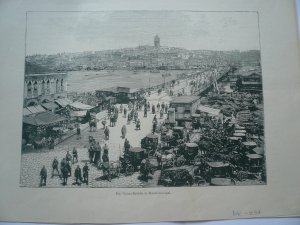 Istanbul-Konstantinopel-Galata Brücke, anno 1891 Holzstich, 16 x 21 cm..