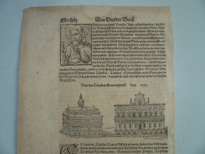 Türkische Geschichte, anno 1590, Sebastian Münster, 1 Blatt aus der Cosmographia, dt. Ausgabe -mit zwei Holzschnitten,, u.a. "Vom Regiment unnd Wesen […]