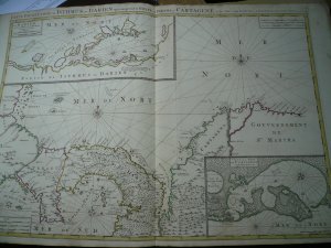 Carte Particuliere de Isthmus ou Darien qui comprend le Golfe de Panama &c. Cartagene, et les Isles aux Environs ... Amsterdam, ca 1700. MORTIER, Pierre (1661-1711). Carte Particuliere de Isthmus ou Darien qui comprend le Golfe de Panama &c. Cartagene, et les Isles aux Environs ... Amsterdam, ca 1700. Engraved map showing Central America with the Isthmus of Panama, Costa Rica and Carthagena in Columbia, with outline coloring in a contemporary hand, image 610 x 857 mm. Two large inset maps showing details of Carthagena and surroundings, and the coastline around New Edinburgh, five compass roses. PRINTED ON THICK PAPER, COLOURED IN OUTLINE BY AN CONTEMPORARY HAND. GOOD CONDITION ONLY LITTLE BROWNISH SMALL RESTORED TEAR ON UPPER MARGIN.  A large map of the Isthmus of Panama, showing the short lived Scottish settlement of "New Edinburgh." "The Scottish attempt to plant a colony and trading point on the Isthmus of Panama in 1698-1700 marked a pivotal moment in the relationship between Scotland and the Americas. The scope and ambition of the Darien venture made it the most spectacular of all Scottish attempts to establish an independent settlement in the Americas" (Armitage). From Le Neptune François ou atlas nouveau des cartes marines published by Mortier 1693-1700. Armitage "The Darien Venture," in Scotland and the Americas, 1600 to 1800 (The John Carter Brown Library, 1995), pp. 3-13. Kapp Panama 31; See Koeman M. Mor. 7.