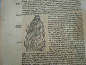 antiquarisches Buch – Münster Sebastian – Zähringer/Berthold der I, Blatt aus der Cosmographia, Sebastian Münster, anno 1590   ; Beschreibt u.a.  das Haus Zähringen, mit 4 kleinen Holzschnitten. Blattmaß: 35 x 21 cm..