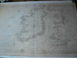 Ireland, scarce map, anno 1720, Van Keulen, big size          1720: "Nieuwe Paskaart van IERLAND en de West kust van ENGELAND. Vervattende in sig St. Joris en het verkeerde kanaal. Gelegt naer de Nieuwste ondervinding van ervaren Zeelieden. The new sea map of IRELAND and the west coast of england containing St. George and the channel of Bristol. made according the newest experience of Expert Mariners." Big copperengraving (58x96cm) from Ireland, uncolored, washed and strengthened, remargined at top and bottom, rep. tear at lower left border, small papaerflaw at center right. FOR MORE INFORMATIONS/PICTURES PLEASE EMAIL TO: Riedel-Petra@gmx.de