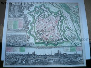 München, anno 1730, Plan+Panorama, Seutter, altkol. München. "München, die weit berühmt... Haupt u: Residenz Stadt". Altkol. Plan, darunter unkol. Prospekt […]