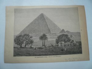 Die Cheops-Pyramide bei Gizeh, anno 1877, Holzstich, 17 x 24 cm..