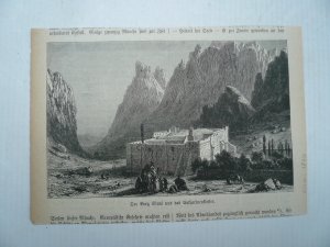 Das Katharinenkloster am Berg Sinai, anno 1874, Holzstich, 10 x 15 cm..