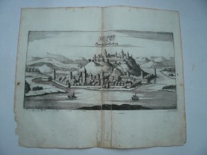 antiquarisches Buch – Wagner Johann Christoph – Beograd/ BELGRAD (Beograd) a.d. Donau / Serbien (Serbia): Gesamtansicht mit der Festung (‚Belgrad oder Griechschweissenburg – bey Iacob Koppm.‘), Kupferstich v. Johann Christoph Wagner b. Jakob Koppmayer in Augsburg, 1684, 17 x 32 cm Mittelfalz restauriert-etwas gebräunt.