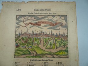 Braunschweig, anno 1605, Holzstich, Sebastian Muenster, altkoloriert Blattmaß: 35 x 23 cm., div Randläsuren; das Kolorit sehr schön.