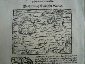 Beschreibung teutscher Nation, Karte, S.Muenster, anno 1567 --Blattmaß: 31 x 20 cm., Karte: 10 x 13 cm.. Südorientierte Karte.