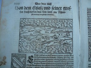 Elsass-Rheinlauf-Alsace-Basle-Course of the Rhine, anno 1550, Münster Sebastian, woodcut, size of the sheet: 12x15 cm.. "Von dem Elsaß ..." Holzschnitt […]