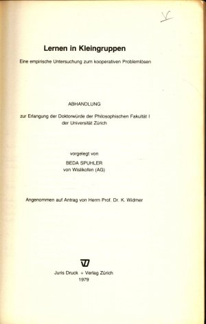 gebrauchtes Buch – Beda Spuhler – Lernen in Kleingruppen Eine empirische Untersuchung zum kooperativen Problemlösen vorgelegt von Beda Spuhler