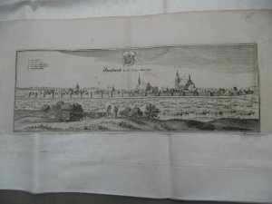 Original MERIAN-Stadtansicht von Strasburg / Mecklenburg , Strasborck In der Ücker Marckt um ca. 1650