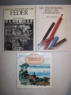 3 Bücher:"Mit Zeichenkohle, Rötel und Farbkreiden." &"Richtig zeichnen mit der Feder." & "Farbig zeichnen und kolorieren."