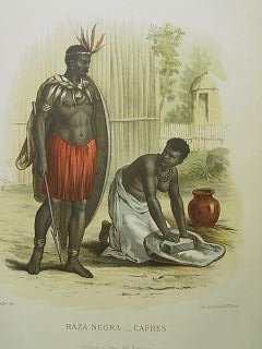 Afrika Bantu in Schmucktracht.  Farb-Lithographie um 1860