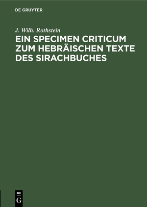 ISBN 9783112331439: Ein Specimen Criticum zum Hebräischen Texte des Sirachbuches