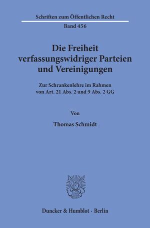 ISBN 9783428054671: Die Freiheit verfassungswidriger Parteien und Vereinigungen. | Zur Schrankenlehre im Rahmen von Art. 21 Abs. 2 und 9 Abs. 2 GG. | Thomas Schmidt | Taschenbuch | Schriften zum Öffentlichen Recht | 1983